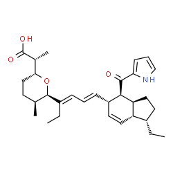 ChemSpider 2D Image | (2R)-2-[(2R,5S,6R)-6-{(3E,5E)-6-[(1S,3aS,4S,5R,7aR)-1-Ethyl-4-(1H-pyrrol-2-ylcarbonyl)-2,3,3a,4,5,7a-hexahydro-1H-inden-5-yl]-3,5-hexadien-3-yl}-5-methyltetrahydro-2H-pyran-2-yl]propanoic acid | C31H43NO4