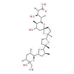ChemSpider 2D Image | (2S,3R,4S)-3-Hydroxy-4-[(2S,5R,7S,8R,9S)-9-hydroxy-2-{(2S,2'S,3'S,5R,5'R)-5'-[(2S,3S,5R,6R)-6-hydroxy-6-(hydroxymethyl)-3,5-dimethyltetrahydro-2H-pyran-2-yl]-2,3'-dimethyloctahydro-2,2'-bifuran-5-yl}-
2,8-dimethyl-1,6-dioxaspiro[4.5]dec-7-yl]-2-methylpentanoic acid | C34H58O11