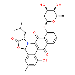 ChemSpider 2D Image | (1S,3aR)-7-Hydroxy-1-isobutyl-5-methyl-2,8,13-trioxo-1,2,8,13-tetrahydro-3aH-benzo[b][1,3]oxazolo[3,2-f]phenanthridin-12-yl 2,6-dideoxy-alpha-L-ribo-hexopyranoside | C30H31NO9