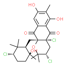 ChemSpider 2D Image | (3S,4aR,10aS)-3,4a-Dichloro-10a-{[(1R,3S,6S)-3-chloro-6-hydroxy-2,2,6-trimethylcyclohexyl]methyl}-6,8-dihydroxy-2,2,7-trimethyl-3,4,4a,10a-tetrahydro-2H-benzo[g]chromene-5,10-dione | C26H33Cl3O6