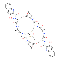 ChemSpider 2D Image | N,N'-[(1S,1'R,2S,2''S,8'R,11'S,14'S,17'S,21'S,24'R,27'R)-27'-(Ethylsulfanyl)-2,2'',3',11',13',16',24',26'-octamethyl-28'-oxido-2',5',9',12',15',18',22',25'-octaoxo-6',19'-dioxa-28'-thia-3',10',13',16'
,23',26'-hexaazadispiro[cyclopropane-1,4'-bicyclo[12.12.3]nonacosane-17',1''-cyclopropane]-8',21'-diyl]bis(3-hydroxy-2-quinolinecarboxamide) | C54H64N10O15S2