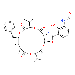 ChemSpider 2D Image | N-[(3R,6R,7R,10S,14R,15R)-15-Benzyl-14-hydroxy-3,10-diisopropyl-7,13,13-trimethyl-2,5,9,12-tetraoxo-1,4,8,11-tetraoxacyclopentadecan-6-yl]-3-formamido-2-hydroxybenzamide (non-preferred name) | C35H44N2O12