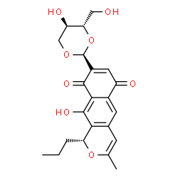 ChemSpider 2D Image | (1R)-10-Hydroxy-8-[(2S,4S,5R)-5-hydroxy-4-(hydroxymethyl)-1,3-dioxan-2-yl]-3-methyl-1-propyl-1H-benzo[g]isochromene-6,9-dione | C22H24O8