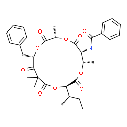 ChemSpider 2D Image | N-{(3S,6R,7S,10R,15S)-15-Benzyl-10-[(2S)-2-butanyl]-3,7,13,13-tetramethyl-2,5,9,12,14-pentaoxo-1,4,8,11-tetraoxacyclopentadecan-6-yl}benzamide | C33H39NO10