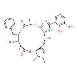 ChemSpider 2D Image | 3-Amino-N-{(3S,6R,7S,10R,14S,15S)-15-benzyl-10-[(2S)-2-butanyl]-14-hydroxy-3,7,13,13-tetramethyl-2,5,9,12-tetraoxo-1,4,8,11-tetraoxacyclopentadecan-6-yl}-2-hydroxybenzamide (non-preferred name) | C33H42N2O11