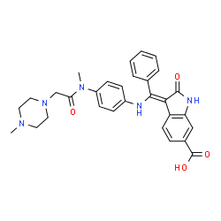 ChemSpider 2D Image | (3E)-3-{[(4-{Methyl[(4-methyl-1-piperazinyl)acetyl]amino}phenyl)amino](phenyl)methylene}-2-oxo-6-indolinecarboxylic acid | C30H31N5O4