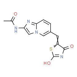 ChemSpider 2D Image | N-{6-[(Z)-(2-Hydroxy-4-oxo-1,3-thiazol-5(4H)-ylidene)methyl]imidazo[1,2-a]pyridin-2-yl}acetamide | C13H10N4O3S
