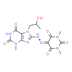 ChemSpider 2D Image | 5-{[7-(2-Hydroxypropyl)-3-methyl-2,6-dioxo-2,3,6,7-tetrahydro-1H-purin-8-yl]hydrazono}-1,3-dimethyl-2,4,6(1H,3H,5H)-pyrimidinetrione | C15H18N8O6