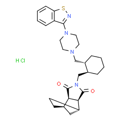 ChemSpider 2D Image | (1R,2R,6S,7S)-4-{[(1R,2R)-2-{[4-(1,2-Benzothiazol-3-yl)-1-piperazinyl]methyl}cyclohexyl]methyl}-4-azatricyclo[5.2.1.0~2,6~]decane-3,5-dione hydrochloride (1:1) | C28H37ClN4O2S
