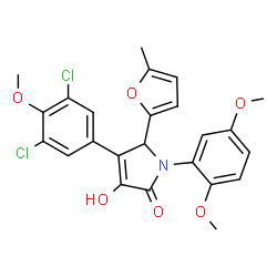 ChemSpider 2D Image | 4-(3,5-Dichloro-4-methoxyphenyl)-1-(2,5-dimethoxyphenyl)-3-hydroxy-5-(5-methyl-2-furyl)-1,5-dihydro-2H-pyrrol-2-one | C24H21Cl2NO6