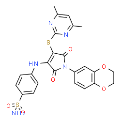 ChemSpider 2D Image | 4-({1-(2,3-Dihydro-1,4-benzodioxin-6-yl)-4-[(4,6-dimethyl-2-pyrimidinyl)sulfanyl]-2,5-dioxo-2,5-dihydro-1H-pyrrol-3-yl}amino)benzenesulfonamide | C24H21N5O6S2