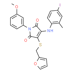 ChemSpider 2D Image | 3-[(2-Furylmethyl)sulfanyl]-4-[(4-iodo-2-methylphenyl)amino]-1-(3-methoxyphenyl)-1H-pyrrole-2,5-dione | C23H19IN2O4S