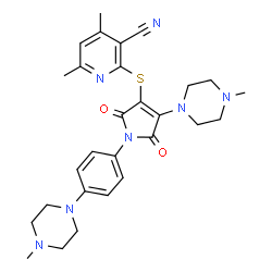 ChemSpider 2D Image | 4,6-Dimethyl-2-({4-(4-methyl-1-piperazinyl)-1-[4-(4-methyl-1-piperazinyl)phenyl]-2,5-dioxo-2,5-dihydro-1H-pyrrol-3-yl}sulfanyl)nicotinonitrile | C28H33N7O2S