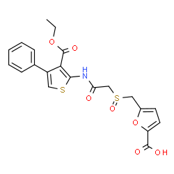 ChemSpider 2D Image | 5-{[(2-{[3-(Ethoxycarbonyl)-4-phenyl-2-thienyl]amino}-2-oxoethyl)sulfinyl]methyl}-2-furoic acid | C21H19NO7S2
