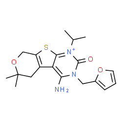 ChemSpider 2D Image | 4-Amino-3-(2-furylmethyl)-1-isopropyl-6,6-dimethyl-2-oxo-3,5,6,8-tetrahydro-2H-pyrano[4',3':4,5]thieno[2,3-d]pyrimidin-1-ium | C19H24N3O3S