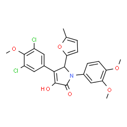 ChemSpider 2D Image | 4-(3,5-Dichloro-4-methoxyphenyl)-1-(3,4-dimethoxyphenyl)-3-hydroxy-5-(5-methyl-2-furyl)-1,5-dihydro-2H-pyrrol-2-one | C24H21Cl2NO6