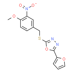 ChemSpider 2D Image | 2-(2-Furyl)-5-[(4-methoxy-3-nitrobenzyl)sulfanyl]-1,3,4-oxadiazole | C14H11N3O5S