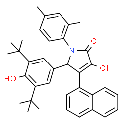 ChemSpider 2D Image | 1-(2,4-Dimethylphenyl)-3-hydroxy-5-[4-hydroxy-3,5-bis(2-methyl-2-propanyl)phenyl]-4-(1-naphthyl)-1,5-dihydro-2H-pyrrol-2-one | C36H39NO3