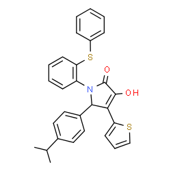 ChemSpider 2D Image | 3-Hydroxy-5-(4-isopropylphenyl)-1-[2-(phenylsulfanyl)phenyl]-4-(2-thienyl)-1,5-dihydro-2H-pyrrol-2-one | C29H25NO2S2