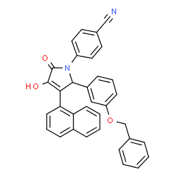 ChemSpider 2D Image | 4-{2-[3-(Benzyloxy)phenyl]-4-hydroxy-3-(1-naphthyl)-5-oxo-2,5-dihydro-1H-pyrrol-1-yl}benzonitrile | C34H24N2O3