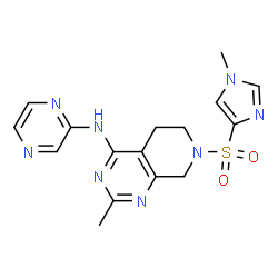 ChemSpider 2D Image | 2-Methyl-7-[(1-methyl-1H-imidazol-4-yl)sulfonyl]-N-(2-pyrazinyl)-5,6,7,8-tetrahydropyrido[3,4-d]pyrimidin-4-amine | C16H18N8O2S