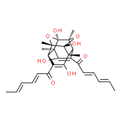 ChemSpider 2D Image | (2E,4E,2'E,4'E)-1,1'-[(1R,3S,4R,7R,8R,10S,14R)-1,6,8,13-Tetrahydroxy-3,7,10,14-tetramethyl-2,9-dioxapentacyclo[8.4.0.0~3,8~.0~4,14~.0~7,11~]tetradeca-5,12-diene-5,12-diyl]bis(2,4-hexadien-1-one) | C28H32O8