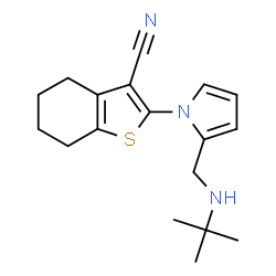 ChemSpider 2D Image | 2-(2-{[(2-Methyl-2-propanyl)amino]methyl}-1H-pyrrol-1-yl)-4,5,6,7-tetrahydro-1-benzothiophene-3-carbonitrile | C18H23N3S