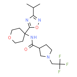 ChemSpider 2D Image | N-[4-(3-Isopropyl-1,2,4-oxadiazol-5-yl)tetrahydro-2H-pyran-4-yl]-1-(2,2,2-trifluoroethyl)-3-pyrrolidinecarboxamide | C17H25F3N4O3