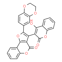 ChemSpider 2D Image | 2-(2,3-Dihydro-1,4-benzodioxin-6-yl)-3-(4-hydroxy-2-oxo-2H-chromen-3-yl)-4H-furo[3,2-c]chromen-4-one | C28H16O8