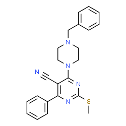 ChemSpider 2D Image | 4-(4-Benzyl-1-piperazinyl)-2-(methylsulfanyl)-6-phenyl-5-pyrimidinecarbonitrile | C23H23N5S