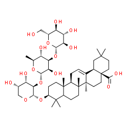 ChemSpider 2D Image | (3beta,5xi,18alpha)-3-{[beta-D-Glucopyranosyl-(1->3)-6-deoxy-alpha-L-mannopyranosyl-(1->2)-alpha-L-arabinopyranosyl]oxy}olean-12-en-28-oic acid | C47H76O16