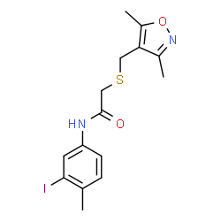 ChemSpider 2D Image | 2-{[(3,5-Dimethyl-1,2-oxazol-4-yl)methyl]sulfanyl}-N-(3-iodo-4-methylphenyl)acetamide | C15H17IN2O2S