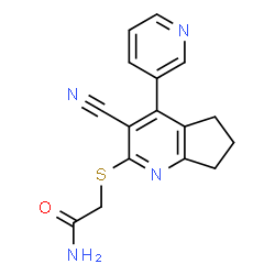 ChemSpider 2D Image | 2-{[3-Cyano-4-(3-pyridinyl)-6,7-dihydro-5H-cyclopenta[b]pyridin-2-yl]sulfanyl}acetamide | C16H14N4OS