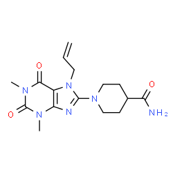 ChemSpider 2D Image | 1-(7-Allyl-1,3-dimethyl-2,6-dioxo-2,3,6,7-tetrahydro-1H-purin-8-yl)-4-piperidinecarboxamide | C16H22N6O3