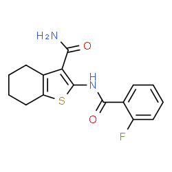 ChemSpider 2D Image | 2-[(2-Fluorobenzoyl)amino]-4,5,6,7-tetrahydro-1-benzothiophene-3-carboxamide | C16H15FN2O2S