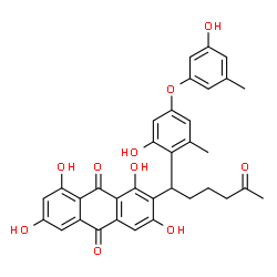 ChemSpider 2D Image | 1,3,6,8-Tetrahydroxy-2-{1-[2-hydroxy-4-(3-hydroxy-5-methylphenoxy)-6-methylphenyl]-5-oxohexyl}-9,10-anthraquinone | C34H30O10