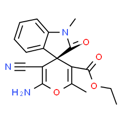 ChemSpider 2D Image | Ethyl (3R)-6'-amino-5'-cyano-1,2'-dimethyl-2-oxo-1,2-dihydrospiro[indole-3,4'-pyran]-3'-carboxylate | C18H17N3O4