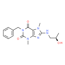 ChemSpider 2D Image | 1-Benzyl-8-{[(2R)-2-hydroxypropyl]amino}-3,7-dimethyl-3,7-dihydro-1H-purine-2,6-dione | C17H21N5O3