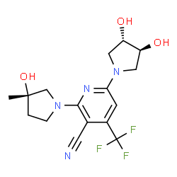 ChemSpider 2D Image | 6-[(3S,4S)-3,4-Dihydroxy-1-pyrrolidinyl]-2-[(3S)-3-hydroxy-3-methyl-1-pyrrolidinyl]-4-(trifluoromethyl)nicotinonitrile | C16H19F3N4O3