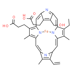 ChemSpider 2D Image | {3,3'-[7-Ethyl-3-(hydroxymethyl)-8,13,17-trimethyl-12-vinyl-2,18-porphyrindiyl-kappa~2~N~22~,N~24~]dipropanoato(2-)}iron | C34H34FeN4O5