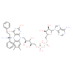 ChemSpider 2D Image | (2R,3S,4S)-5-{5-[(1S)-1-Amino-1,3-diphenylpropyl]-2,4-dihydroxy-7,8-dimethylbenzo[g]pteridin-10(5H)-yl}-2,3,4-trihydroxypentyl [(2R,3S,4R,5R)-5-(6-amino-9H-purin-9-yl)-3,4-dihydroxytetrahydro-2-furany
l]methyl dihydrogen diphosphate (non-preferred name) | C42H50N10O15P2