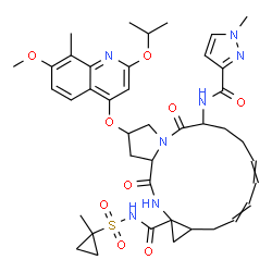 ChemSpider 2D Image | (2R,6S,9Z,11E,13aR,14aR,16aS)-2-[(2-Isopropoxy-7-methoxy-8-methyl-4-quinolinyl)oxy]-N-[(1-methylcyclopropyl)sulfonyl]-6-{[(1-methyl-1H-pyrazol-3-yl)carbonyl]amino}-5,16-dioxo-1,2,3,6,7,8,13,13a,14,15,
16,16a-dodecahydrocyclopropa[e]pyrrolo[1,2-a][1,4]diazacyclopentadecine-14a(5H)-carboxamide | C41H51N7O9S