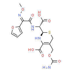 ChemSpider 2D Image | (2R)-5-[(Carbamoyloxy)methyl]-2-[(R)-carboxy{[(2Z)-2-(2-furyl)-2-(methoxyimino)acetyl]amino}methyl]-3,6-dihydro-2H-1,3-thiazine-4-carboxylic acid | C16H18N4O9S