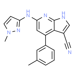 ChemSpider 2D Image | 4-(3-Methylphenyl)-6-[(1-methyl-1H-pyrazol-3-yl)amino]-1H-pyrrolo[2,3-b]pyridine-3-carbonitrile | C19H16N6
