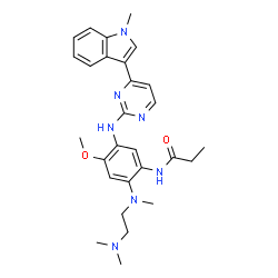 ChemSpider 2D Image | N-(2-{[2-(Dimethylamino)ethyl](methyl)amino}-4-methoxy-5-{[4-(1-methyl-1H-indol-3-yl)-2-pyrimidinyl]amino}phenyl)propanamide | C28H35N7O2