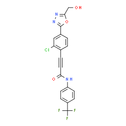 ChemSpider 2D Image | 3-{2-Chloro-4-[5-(hydroxymethyl)-1,3,4-oxadiazol-2-yl]phenyl}-N-[4-(trifluoromethyl)phenyl]-2-propynamide | C19H11ClF3N3O3