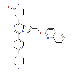 ChemSpider 2D Image | 4-{5-[6-(1-Piperazinyl)-3-pyridinyl]-2-[(2-quinolinyloxy)methyl]imidazo[1,2-a]pyrazin-8-yl}-2-piperazinone | C29H29N9O2