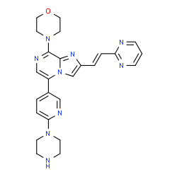 ChemSpider 2D Image | 8-(4-Morpholinyl)-5-[6-(1-piperazinyl)-3-pyridinyl]-2-[(E)-2-(2-pyrimidinyl)vinyl]imidazo[1,2-a]pyrazine | C25H27N9O