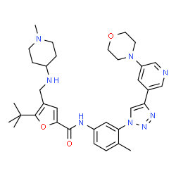 ChemSpider 2D Image | N-(4-Methyl-3-{4-[5-(4-morpholinyl)-3-pyridinyl]-1H-1,2,3-triazol-1-yl}phenyl)-4-{[(1-methyl-4-piperidinyl)amino]methyl}-5-(2-methyl-2-propanyl)-2-furamide | C34H44N8O3