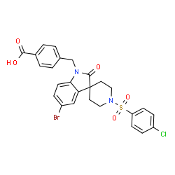 ChemSpider 2D Image | 4-({5-Bromo-1'-[(4-chlorophenyl)sulfonyl]-2-oxospiro[indole-3,4'-piperidin]-1(2H)-yl}methyl)benzoic acid | C26H22BrClN2O5S